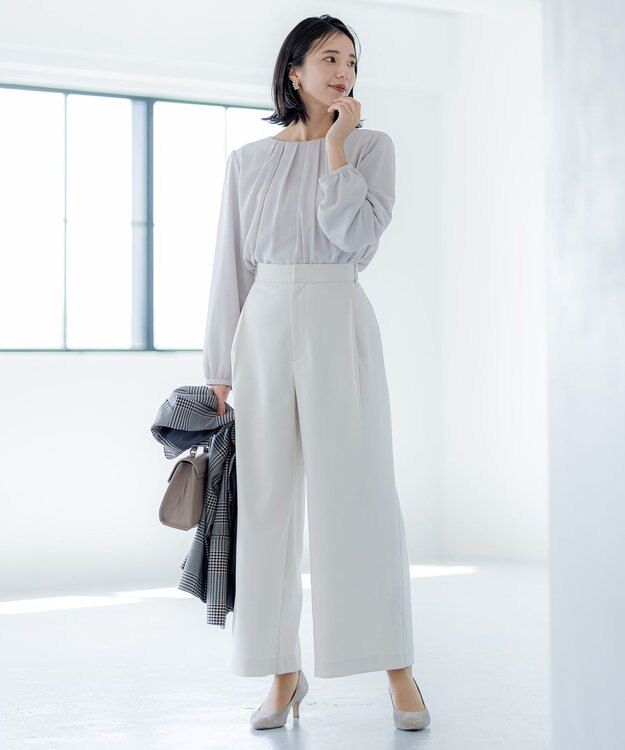 組曲 T/Rツイルストレッチ ワイドパンツ アイボリー系