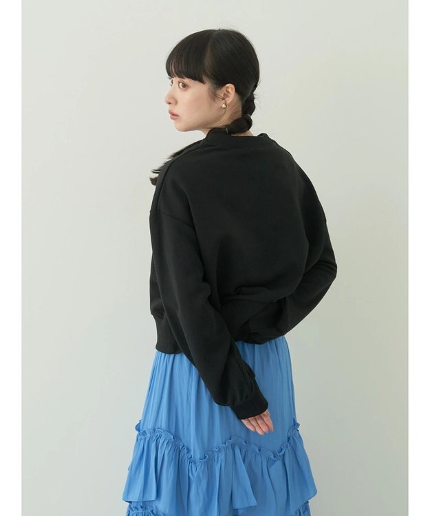 earth music&ecology クルーネック袖シャーリングスウェット Black