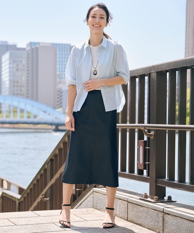 J.PRESS LADIES L 【洗える】シャンブレーサテン ナロー スカート ネイビーシャンブレー系