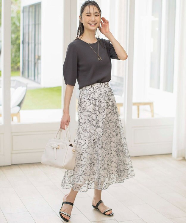 ANY SIS 【洗える】ラインフラワーエンブロイダリー スカート アイボリー系