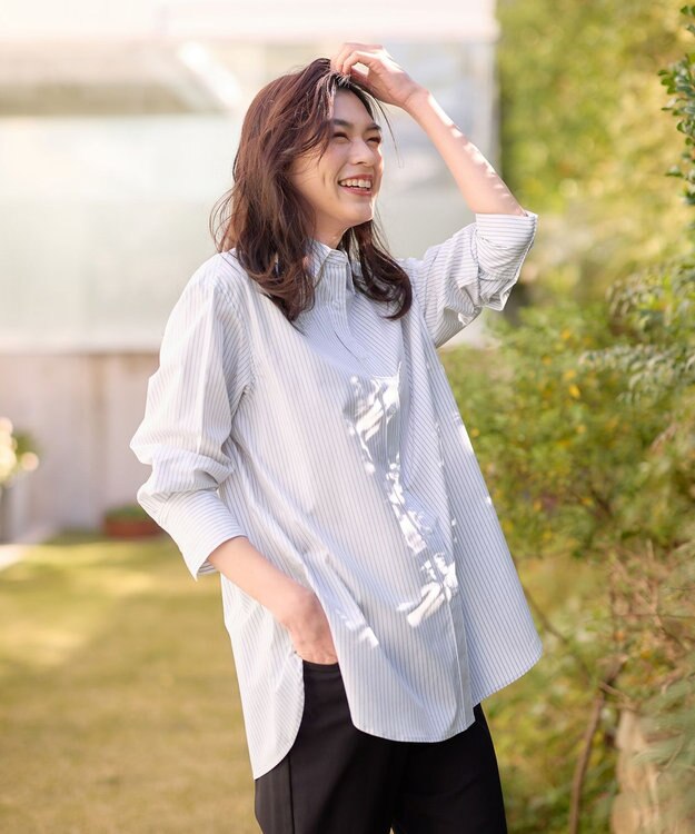 ANY 【洗濯機可能/接触冷感/UVケア】カラーストライプシャツ グレーロンスト