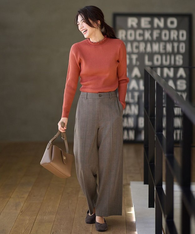 ANY L 【洗濯機可/ストレッチ/ウエストゴム/裏起毛】マルチファンクションストレッチチェックワイドパンツ ブラウンチェック