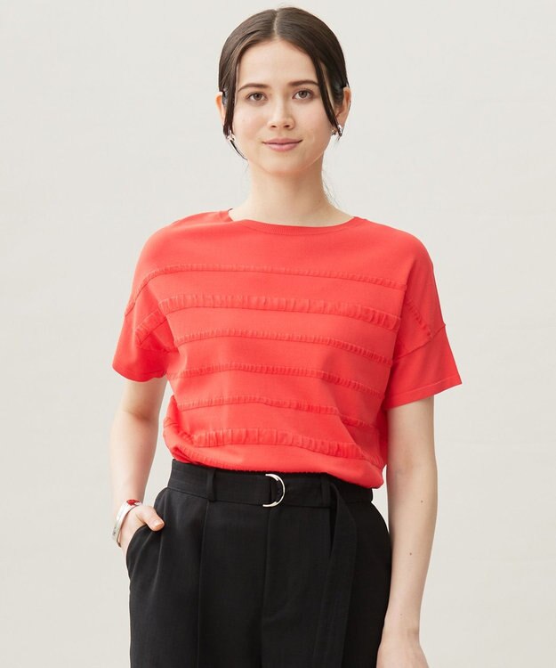 自由区 S 【接触冷感・UVカット・洗える】クレープストレッチボーダー ニット マンダリン