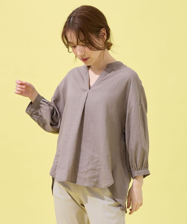 ANY L 【手洗い可能】ヨーロピアンリネンスキッパーネックブラウス モカ