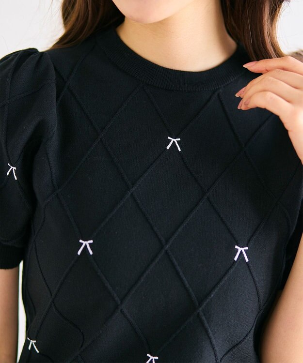 Feroux 【洗える】リボン刺繍ダイヤ柄 ニット ブラック系