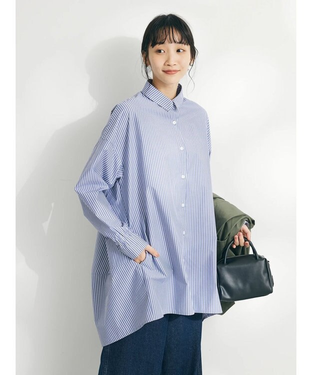 CRAFT STANDARD BOUTIQUE イージーケアコクーンポケ付きチュニック Stripe Navy