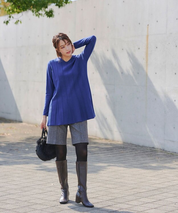 Tiaclasse 【洗える】ストライプ編みフレアニットチュニック ブルー