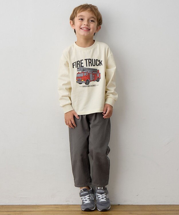 ANY KIDS はたらく車プリント 長袖Tシャツ オフホワイト