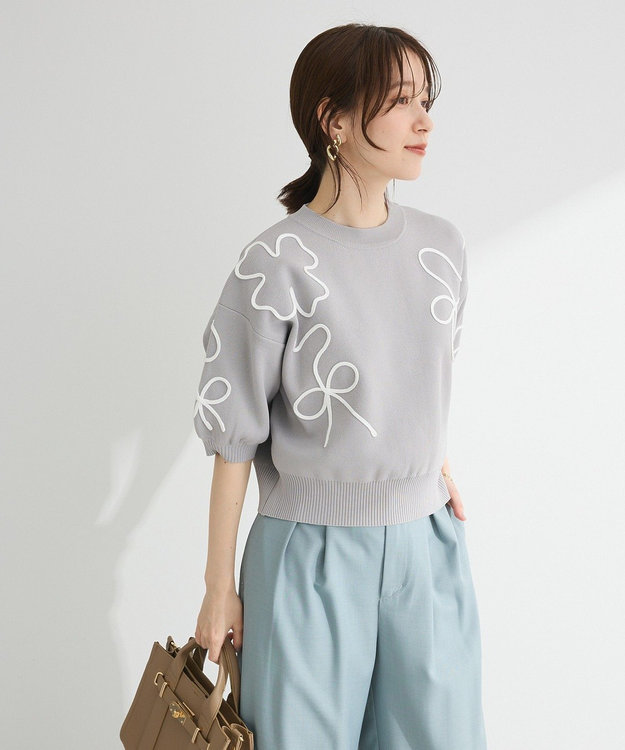 Green Parks ・ＥＬＥＮＣＡＲＥ　ＤＵＥ　ライン刺繍５分袖ニット Gray