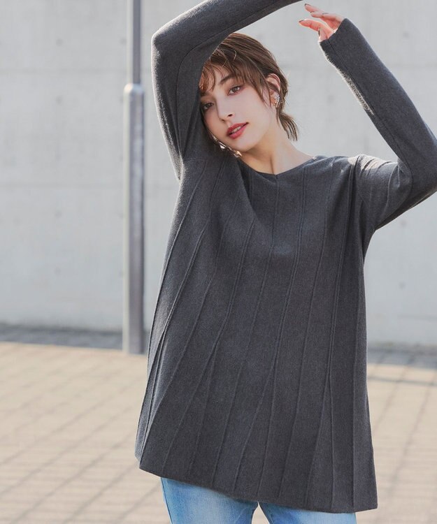 Tiaclasse 【洗える】ストライプ編みフレアニットチュニック チャコールグレー