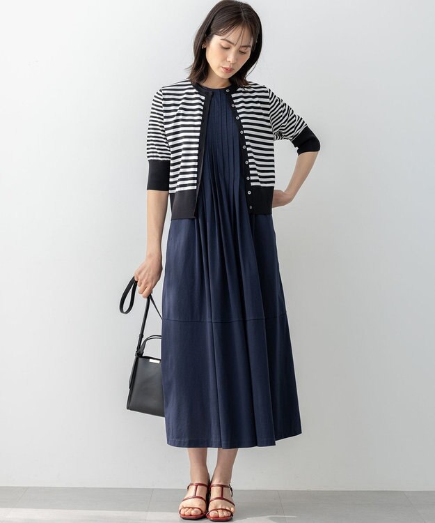 組曲 L ドライタッチ 5分袖カーディガン ブラック×オフ系1