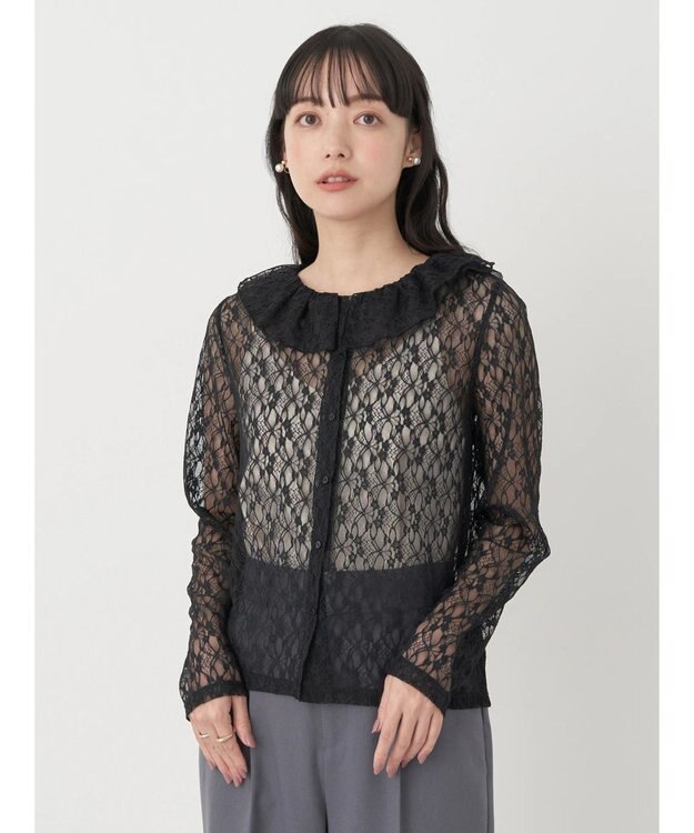 earth music&ecology ポコポコレースブラウス Black