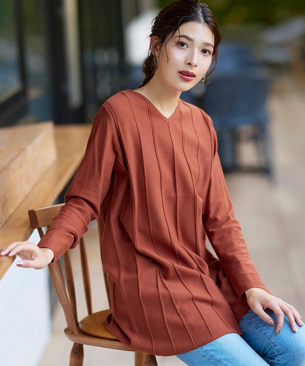 Tiaclasse 【洗える】ストライプ編みフレアニットチュニック オレンジ