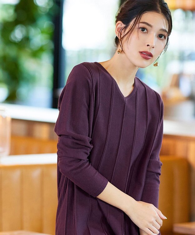 Tiaclasse 【洗える】ストライプ編みフレアニットチュニック パープル