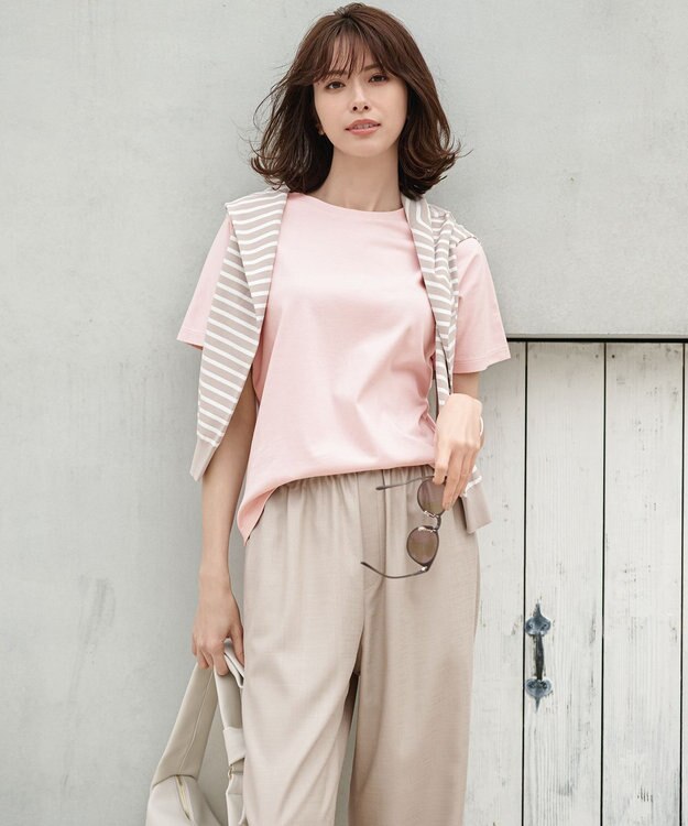 23区 L 【接触冷感/UVカット/洗える】ドライスラブストレッチ ワイド パンツ ベージュ系