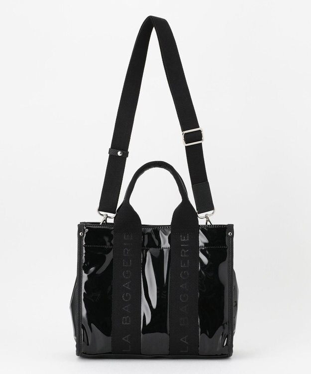 LA BAGAGERIE ソフトエナメル　ロゴテープ2WAYトートバッグ　Mサイズ ブラック