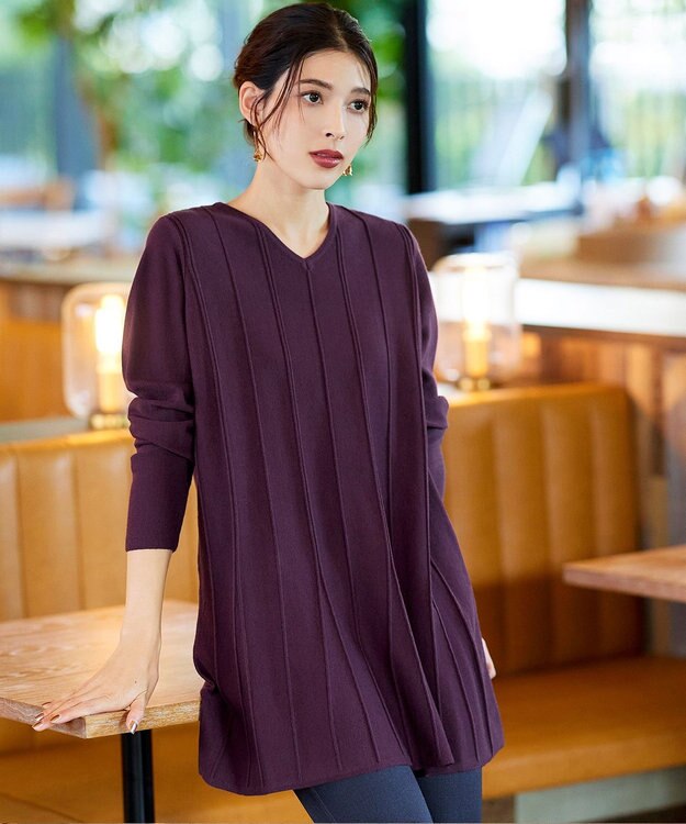 Tiaclasse 【洗える】ストライプ編みフレアニットチュニック パープル