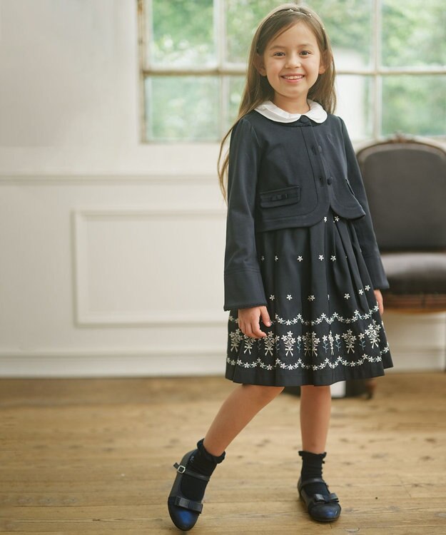 組曲 KIDS 【110-140cm】グログランアーチフラワー刺繍 ワンピース ネイビー系7