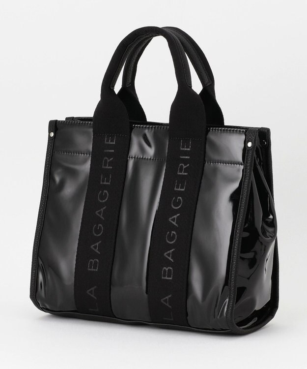 LA BAGAGERIE ソフトエナメル　ロゴテープ2WAYトートバッグ　Mサイズ ブラック