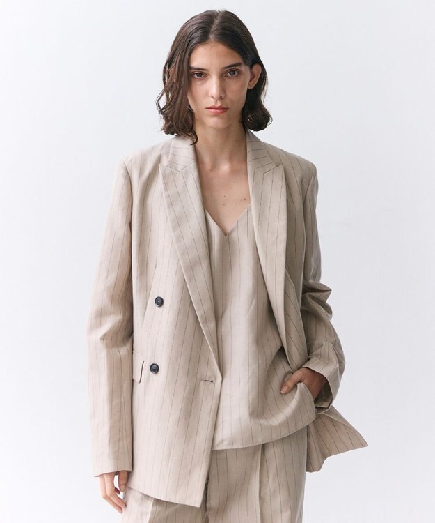 BEIGE， ERYTH / リネンストライプダブルジャケット Flax × Bordeaux