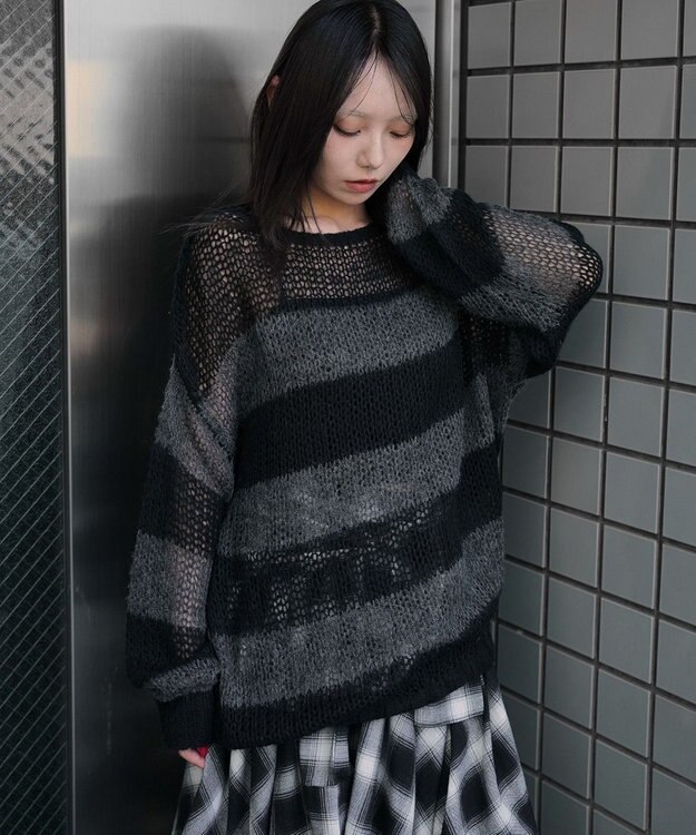 WEGO モヘアタッチボーダーBIGニット グレーボーダー