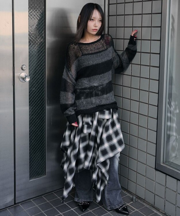 WEGO モヘアタッチボーダーBIGニット グレーボーダー