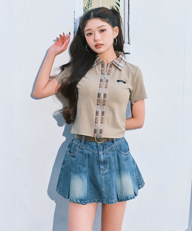 WEGO ベルト付きウォッシュドデニムミニスカパン デニム中濃色