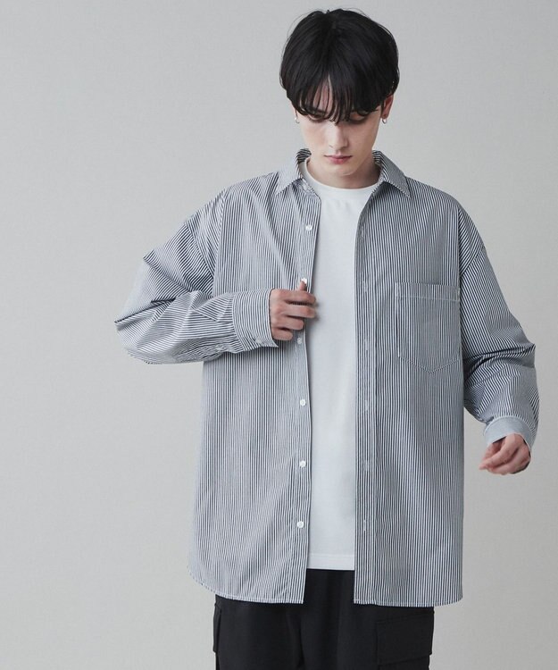 WEGO イージーケアブロードBIGシャツ ブラックストライプ