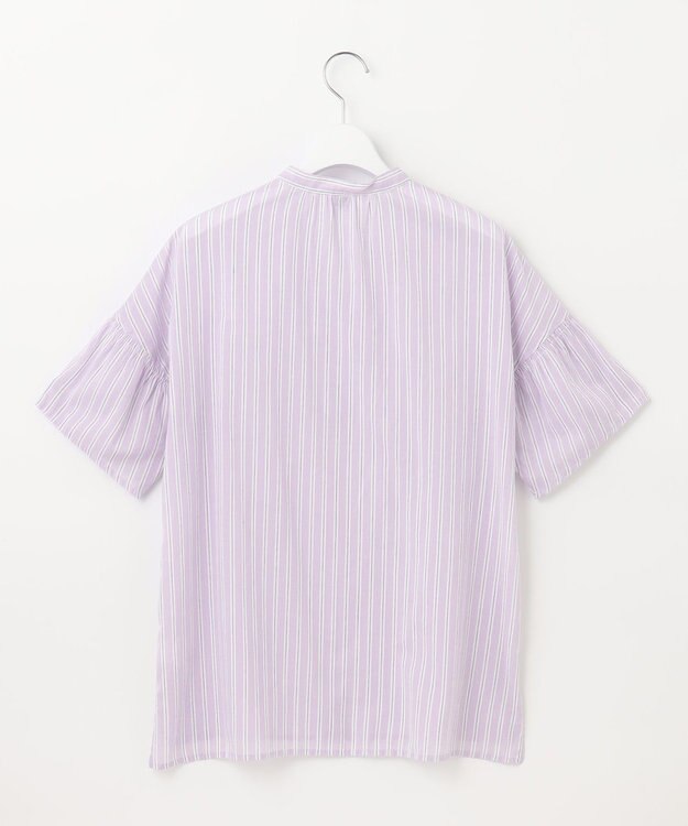 J.PRESS LADIES 【洗える】綿キュプラコードストライプ キーネック ブラウス ふじ色系1