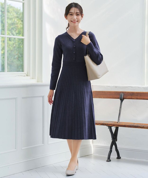 Tiaclasse 【洗える】くるみ釦ニットワンピース ネイビー