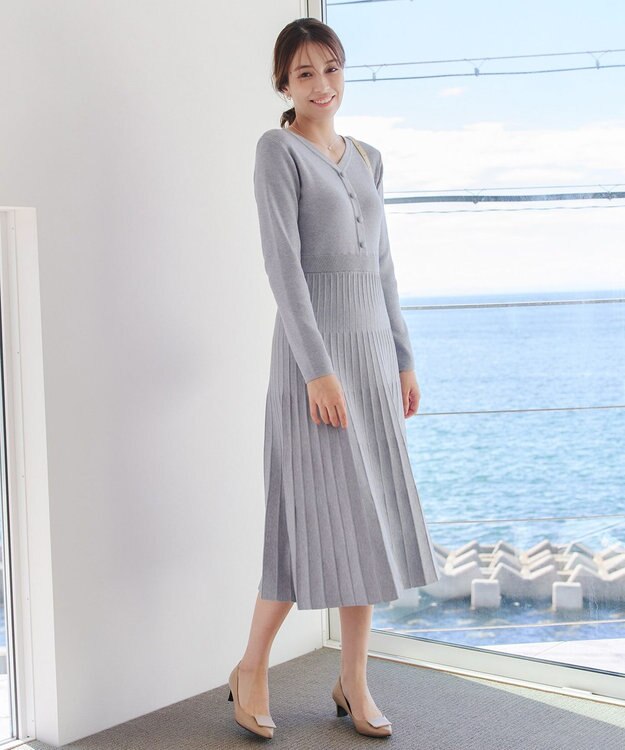 Tiaclasse 【洗える】くるみ釦ニットワンピース サックス