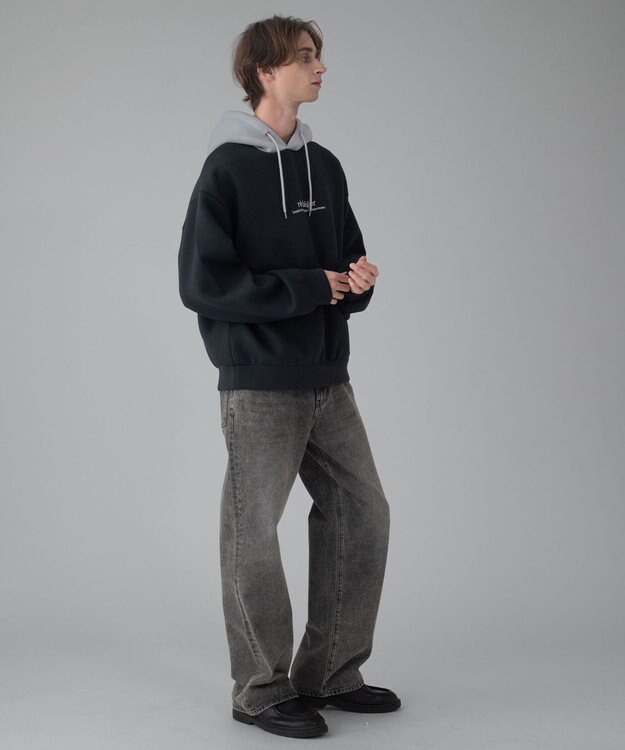 WEGO 【ユニセックス着用ITEM/MLサイズ展開】ワンポイントバイカラープルパーカー ブラック中濃色