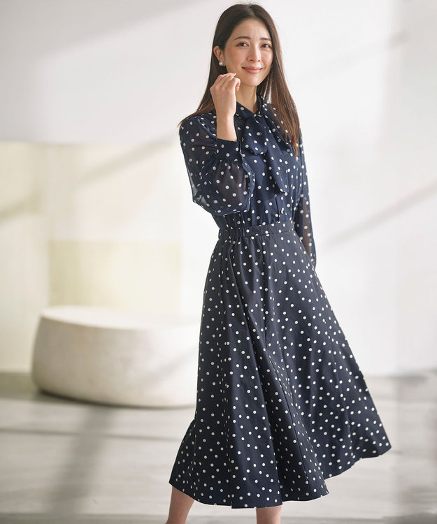 組曲 L 【前後着用可】シフォンオーガンプリント ボウタイワンピース ネイビーベース系5