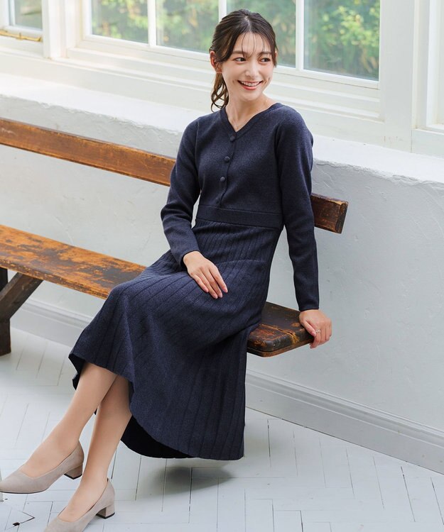 Tiaclasse 【洗える】くるみ釦ニットワンピース ネイビー