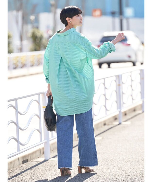 AMERICAN HOLIC ＵＶカット加工バックタックシャツチュニック Stripe Green