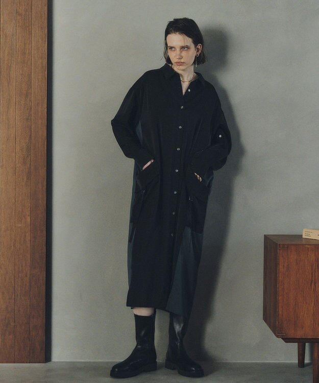 YECCA VECCA カーゴデザイン配色シャツワンピース Black