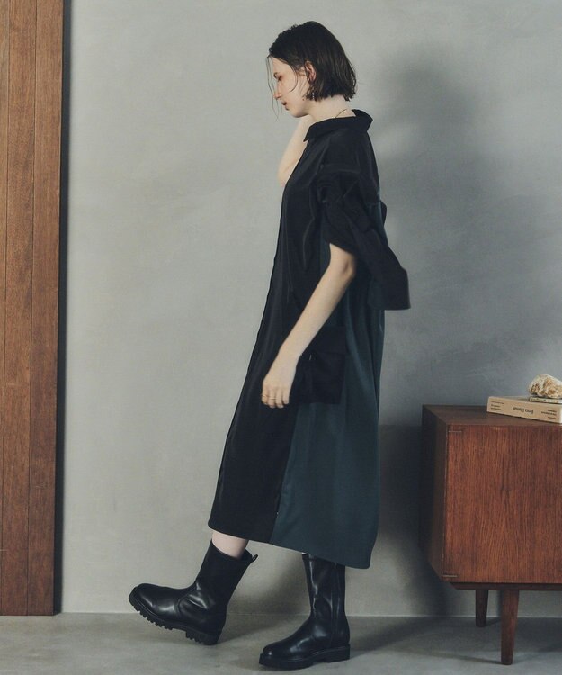 YECCA VECCA カーゴデザイン配色シャツワンピース Black