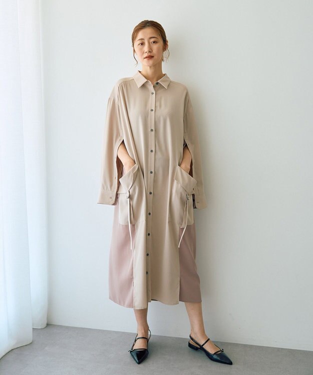 YECCA VECCA カーゴデザイン配色シャツワンピース Light Beige