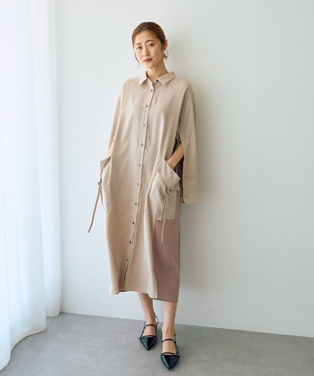 YECCA VECCA カーゴデザイン配色シャツワンピース Light Beige