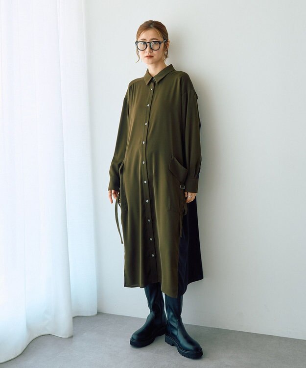 YECCA VECCA カーゴデザイン配色シャツワンピース Khaki