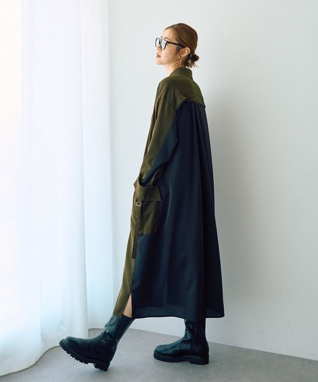 YECCA VECCA カーゴデザイン配色シャツワンピース Khaki