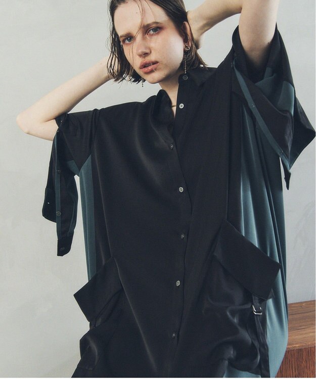 YECCA VECCA カーゴデザイン配色シャツワンピース Black