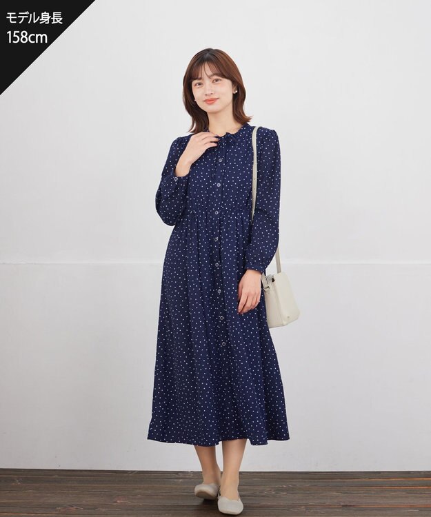 Tiaclasse 襟フリルリボンワンピース ネイビードット
