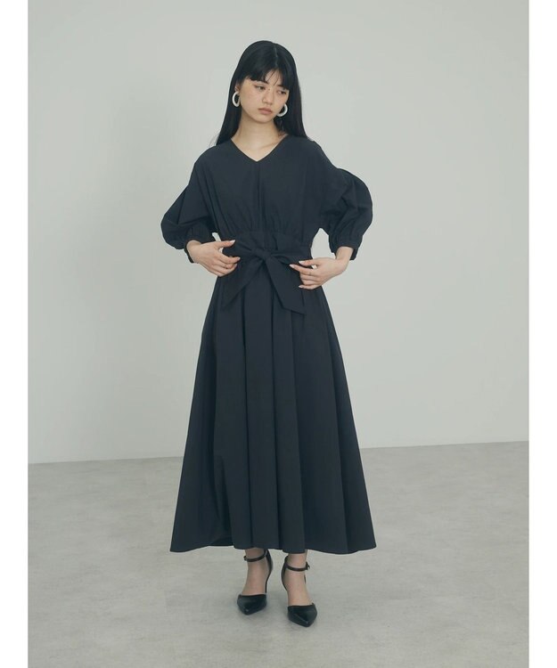 Green Parks ａ．ボリュームギャザーウエスト切替ワンピース Black