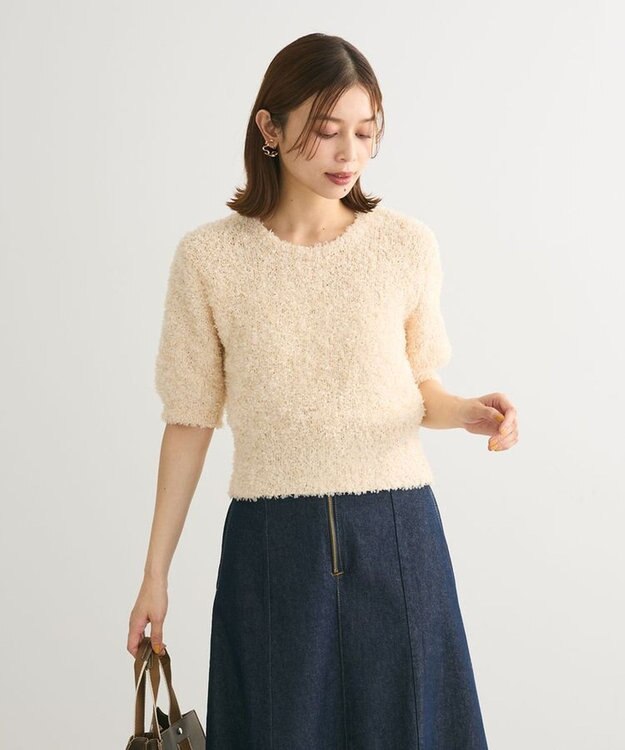 Green Parks テープヤーン半袖ニットプルオーバー Light Beige