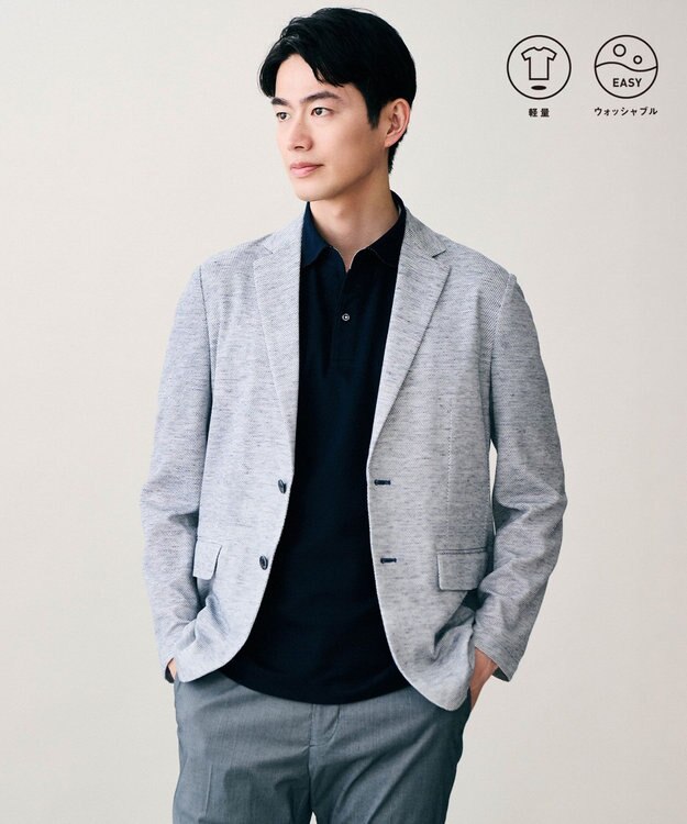 JOSEPH ABBOUD リラックスクールビズ【フランス産リネン×日本の技術/ストレッチ】ノルマンディーリネントップジャージージャケット ブルー系