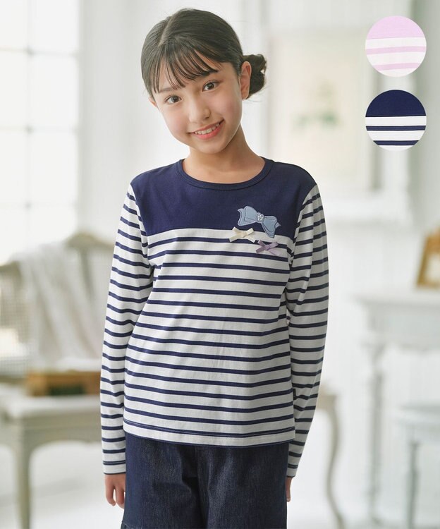 組曲 KIDS 【150-160㎝】リボンボーダー Tシャツ ネイビー
