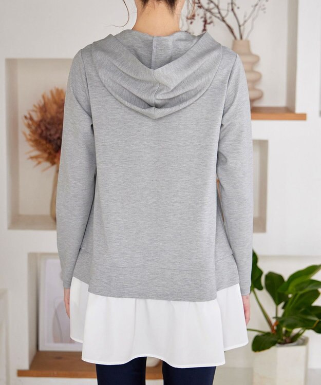 Tiaclasse L 【洗える】ポンチドッキングギャザーパーカー　 グレー×オフホワイト