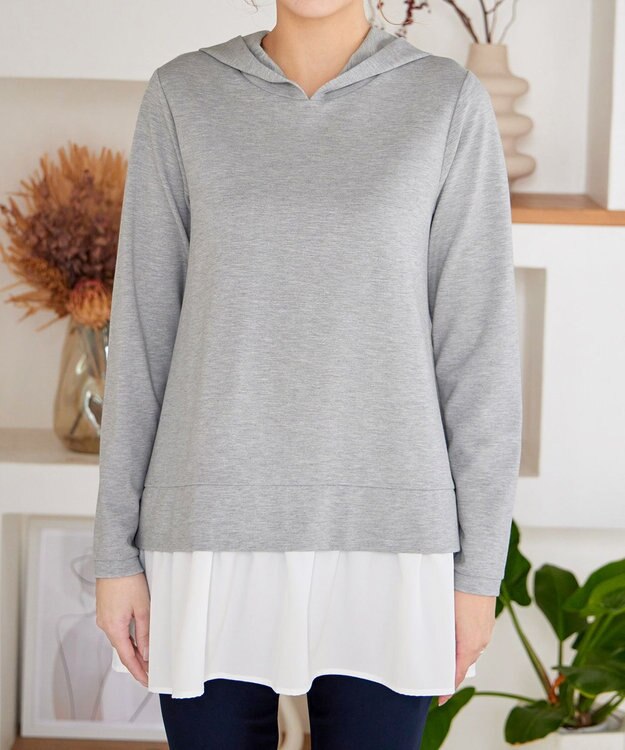 Tiaclasse L 【洗える】ポンチドッキングギャザーパーカー　 グレー×オフホワイト