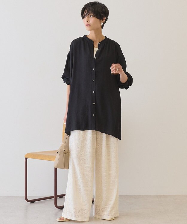 AMERICAN HOLIC 楊柳バンドカラーシャツ Black